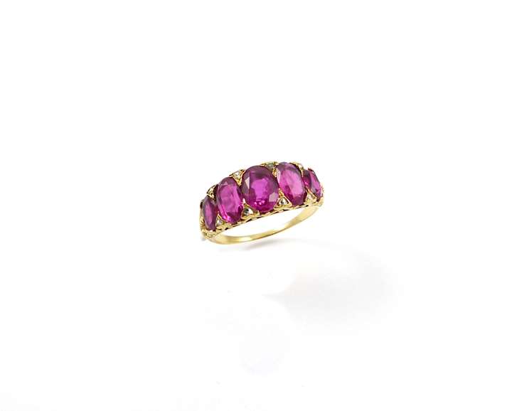 Antique 5 stone ruby carved gold half hoop ring